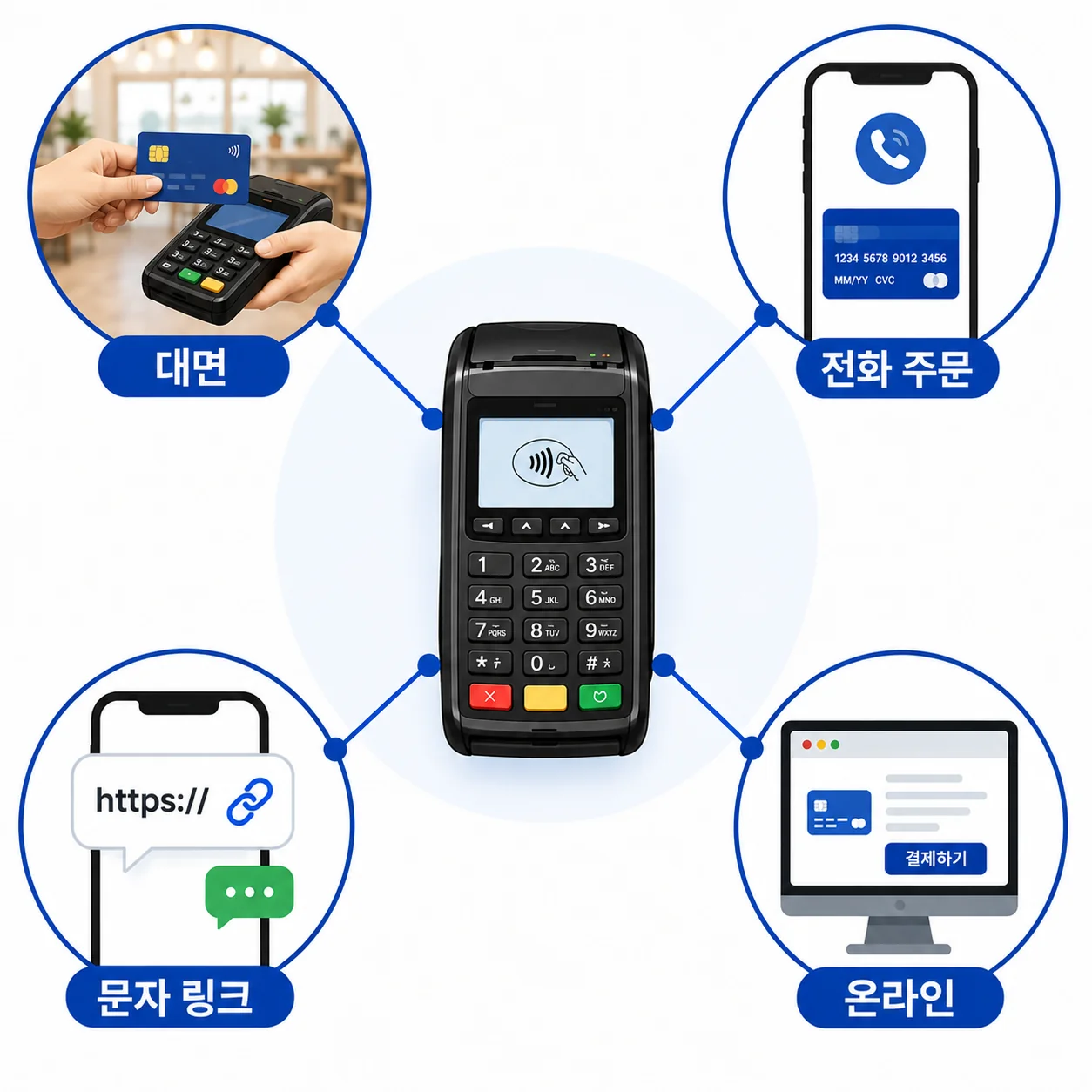 대면 결제, 전화 주문 수기결제, 문자 링크 결제, 온라인 결제가 PG 단말기 한 대로 모이는 구조